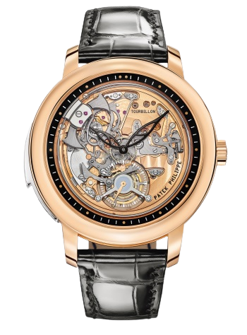 5303R-001 Grand Complications 42mm Shiny Black Alligator Leather Strap Transparent Sapphire Dial Rose Gold Bezel