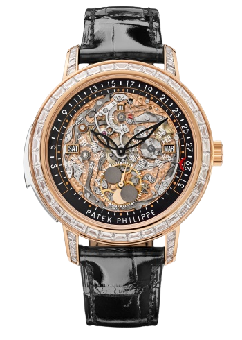5304/301R-001 Grand Complications 43mm Shiny Black Alligator Leather Strap Transparent Sapphire Dial Diamond-paved Rose Gold Bezel