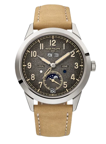 5326G Complications 41mm Nubuck Beige/Embossed Black Calfskin Strap Textured Charcoal Gray Gradient Black Rim Dial White Gold Bezel