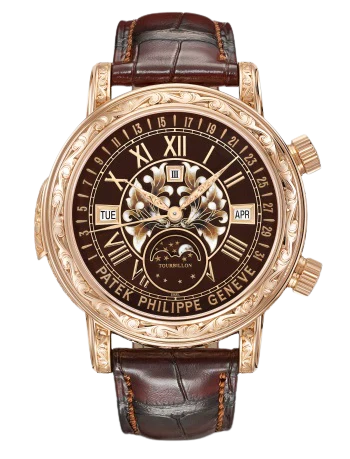 6002R Grand Complications 44mm Patinated Chestnut Alligator Strap Grand Feu champlevé & cloisonné brown Dial Rose Gold Bezel