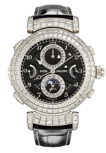 6300/400G Grand Complications 49.4mm Shiny Black Alligator Leather Strap Ebony Black Opaline Dial White Gold Baguette Diamond-set Bezel