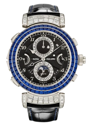 6300/401G Grand Complications 49.4mm Shiny Black Alligator Leather Strap Ebony Black Opaline Dial White Gold Baguette-cut Sapphire & Diamond-set Bezel