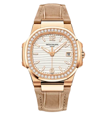 7010R Nautilus Beige Shiny Alligator Strap White Gold Embossed Dial Rose Gold Octagonal Diamond Bezel