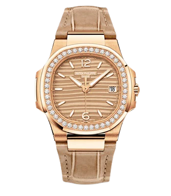 7010R-012 Nautilus Beige Shiny Alligator Strap Golden Embossed Dial Rose Gold Octagonal Diamond Bezel