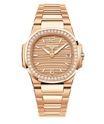 7010-1R-012 Nautilus Rose Gold Bracelet Golden Embossed Dial Rose Gold Octagonal Diamond Bezel