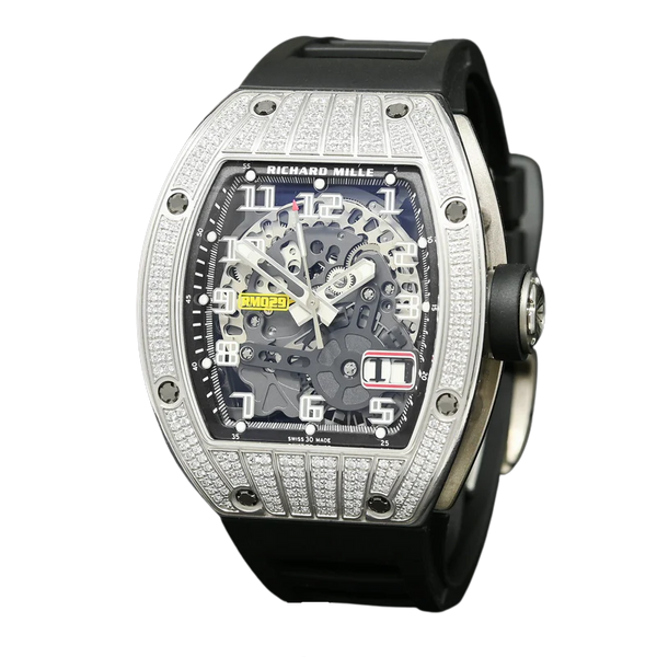 RM 029 White Gold Full Pave Diamond Rubber Strap Skeleton Dial White Gold Diamond Set Case