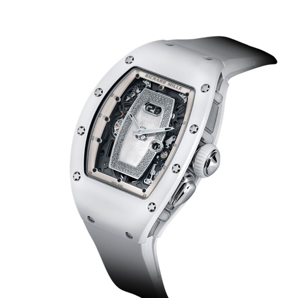 RM 037 Ladies' White Ceramic Rubber Strap Mother-Of-Pearl Dial Encrusted With a Myriad of Diamonds White Gold Case