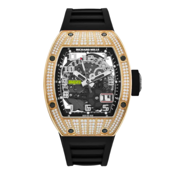 RM 029 Rose Gold Full Pave Diamond Rubber Strap Skeleton Dial Rose Gold Diamond Set Case