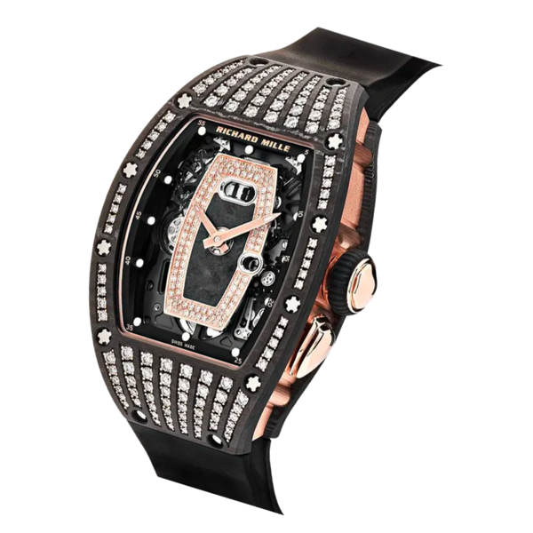 RM 037 Ladies' Rose Gold Carbon Tpt Diamond Set Black Rubber Strap Skeletal Dial  Rose Gold Case Diamond Set Bezel