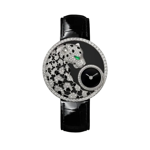 PANTHERE DENTELLE DE CARTIER 36 MM RHODIUMIZED WHITE GOLD CASE WITH BLACK LACQUER DIAL