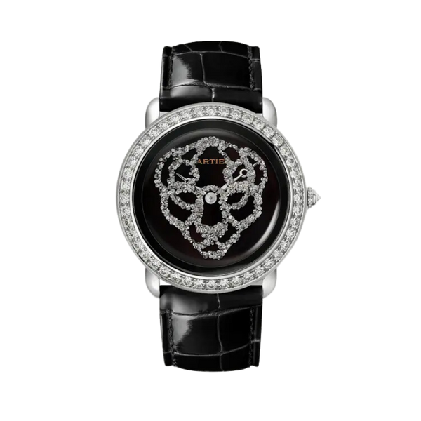 REVELATION D'UNE PANTHERE 37 MM RHODIUMIZED 18K WHITE GOLD WITH BLACK LACQUER DIAL