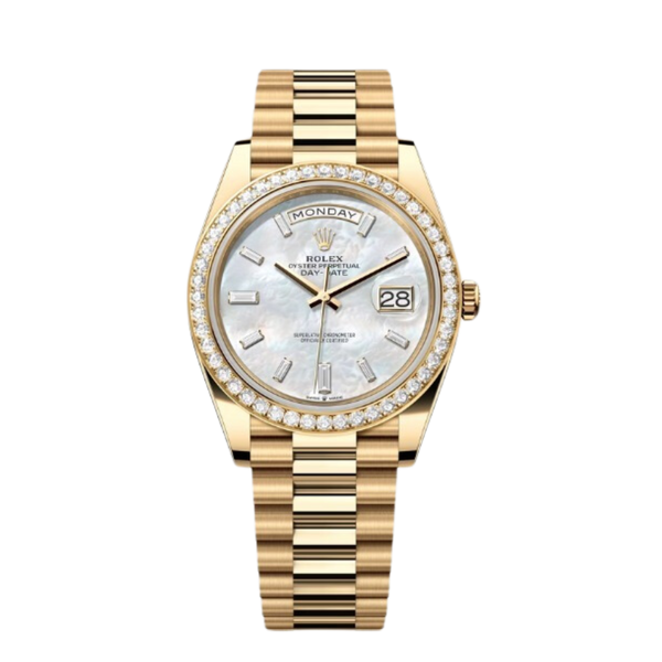 Rolex Day-Date Ref. 228348TRB 40MM Yellow Gold Case Mother of Pearl Dial with Baguette Diamonds and Diamond Set Bezel