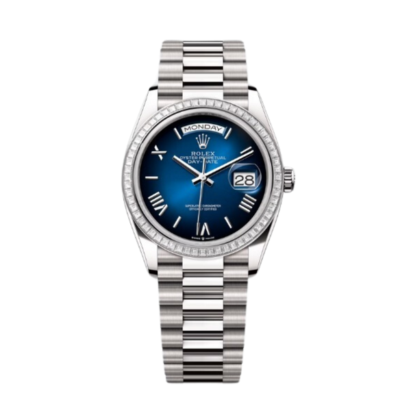 Rolex Day-Date Ref. 128399TRB 36MM White Gold Case Ombré Blue Dial Diamond Set Bezel