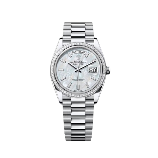 Rolex Day-Date Ref. 128396TBR 36MM Platinum Case Mother of Pearl Dial with Baguette Diamonds and Diamond Bezel