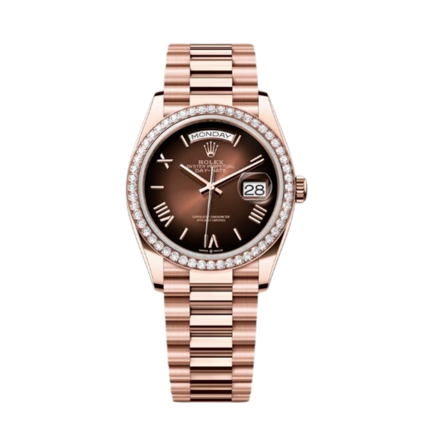Rolex Day-Date Ref. 128345RBR 36MM Everose Gold Ombré Brown Dial Diamond Set Bezel