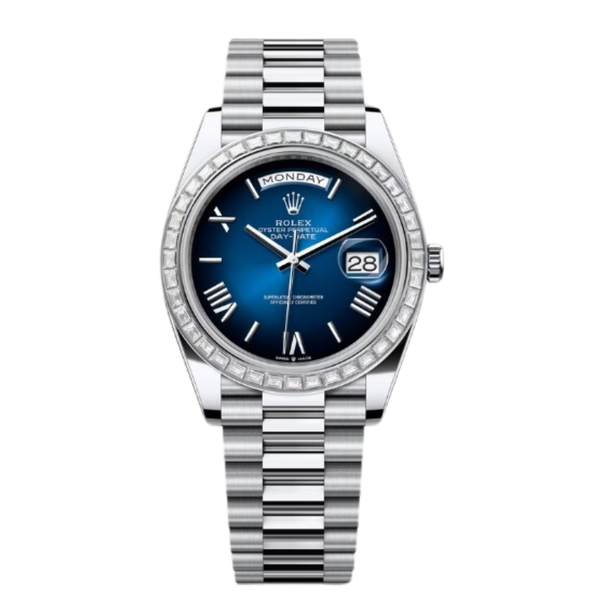 Rolex Day-Date Ref. 228296TRB 40MM Platinum Case Ombré Blue Dial Diamond Set Bezel