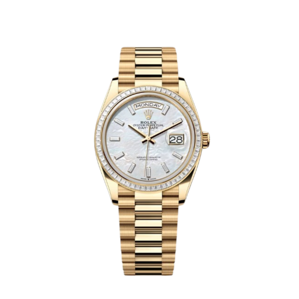Rolex Day-Date Ref. 128398TBR 36MM Yellow Gold Case Mother of Pearl Dial with Baguette Diamonds and Diamond Set Bezel