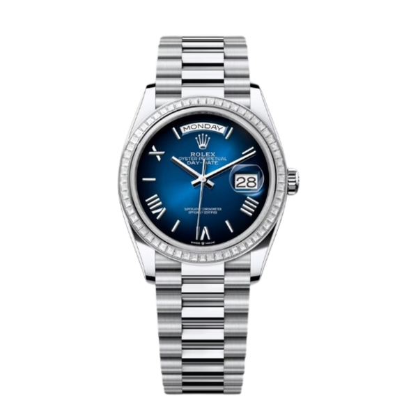Rolex Day-Date Ref. 128396TBR 36MM Platinum Ombré Blue Dial Diamond Set Bezel