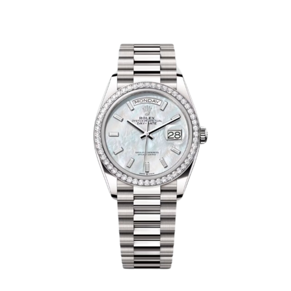 Rolex Day-Date Ref. 128349RBR 36MM White Gold Case Mother of Pearl Dial with Baguette Diamonds and Diamond Set Bezel