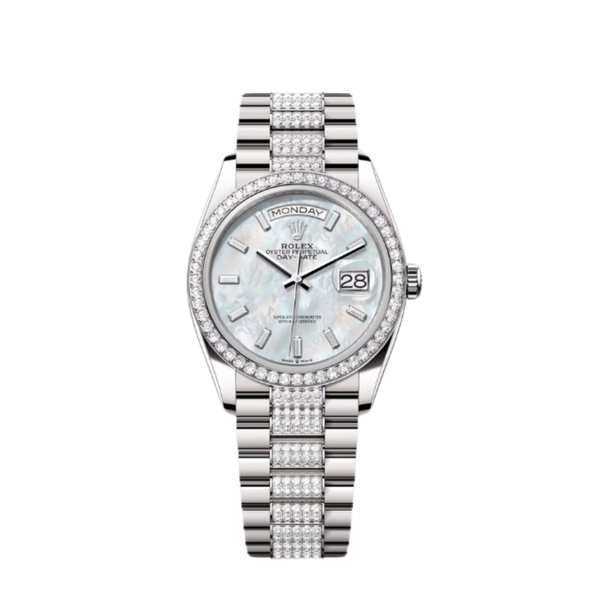 Rolex Day-Date Ref. 128349RBR 36MM White Gold Case Mother of Pearl Dial with Diamonds and Diamond Set Bezel and Links