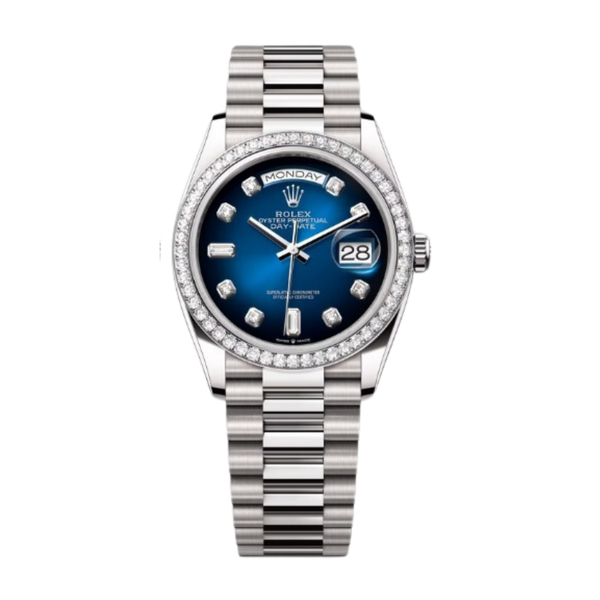 Rolex Day-Date Ref. 128349RBR 36MM White Gold Case Ombré Blue Dial Diamond Bezel and Markers