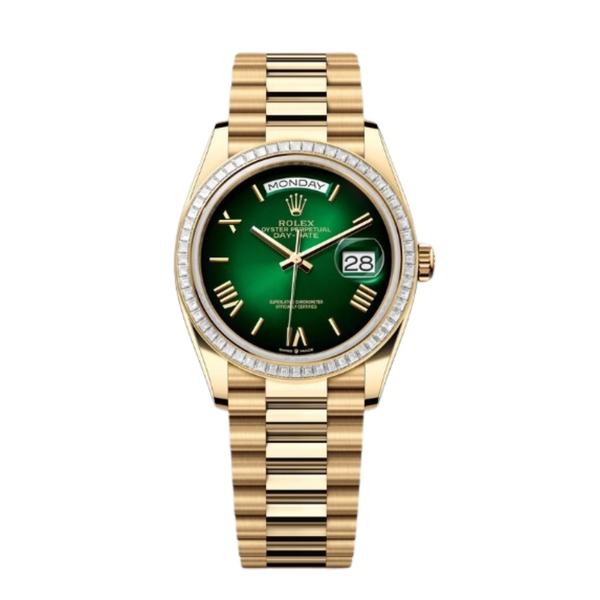 Rolex Day-Date Ref. 128398TBR 36MM Yellow Gold Case Ombré Green Dial Diamond Set Bezel