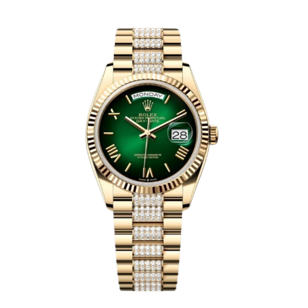 Rolex Day-Date Ref. 128238 36MM Yellow Gold Case Ombré Green Dial Diamond Set Links