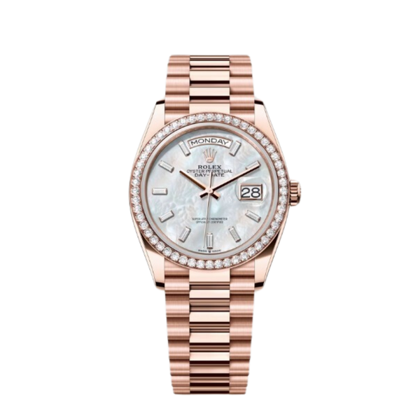 Rolex Day-Date Ref. 128345RBR 36MM Everose Gold Case Mother of Pearl Dial with Baguette Diamonds and Diamond Set Bezel