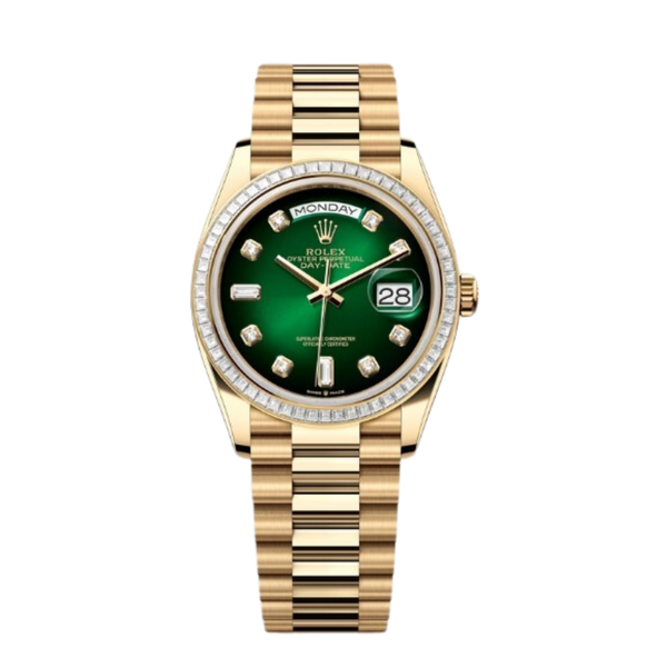 Rolex Day-Date Ref. 128398TBR 36MM Yellow Gold Case Ombré Green Dial Diamond Bezel and Markers