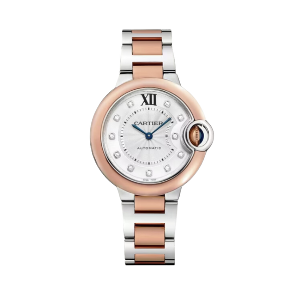 BALLON BLEU DE CARTIER 33 MM STAINLESS STEEL WITH  ROSE GOLD BEZEL AND SILVER GUILLOCHE DIAL