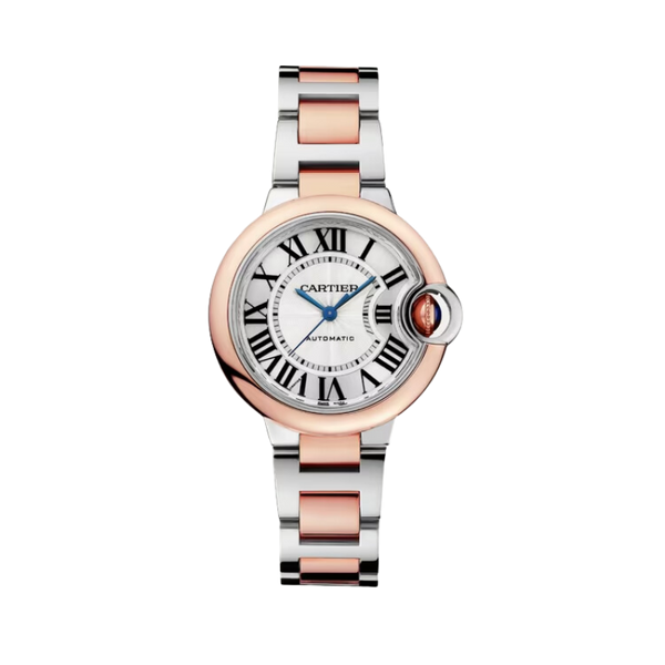 BALLON BLEU DE CARTIER 33 MM STAINLESS STEEL WITH ROSE GOLD BEZEL AND SILVER GUILLOCHE DIAL