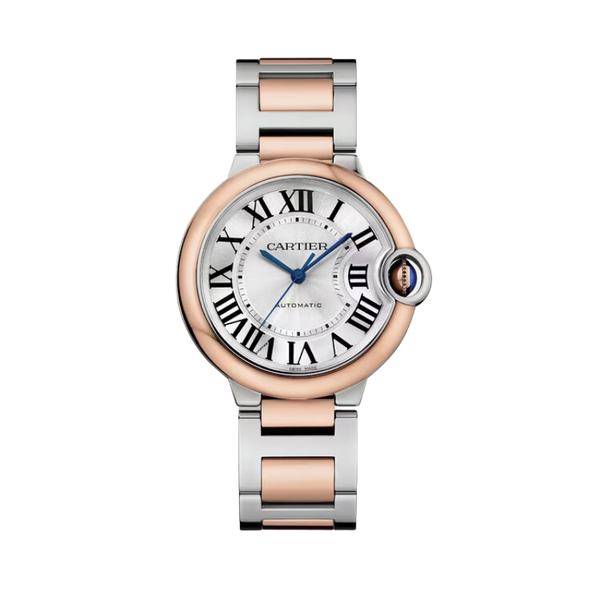 BALLON BLEU DE CARTIER 36 MM STAINLESS STEEL WITH ROSE GOLD BEZEL AND SILVER GUILLOCHE DIAL