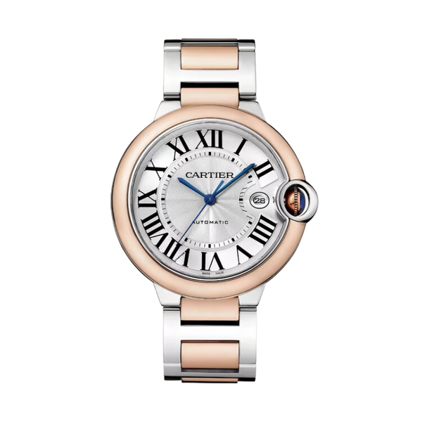 BALLON BLEU DE CARTIER 42 MM STAINLESS STEEL, 18K ROSE GOLD BEZEL WITH SILVER GUILLOCHE DIAL