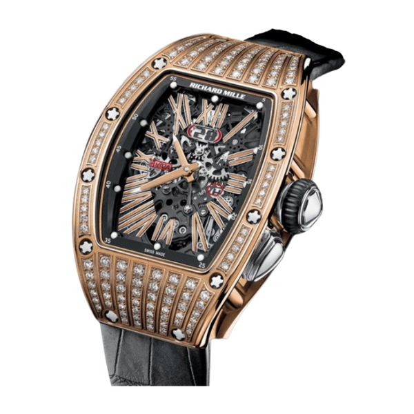 RM 037 Rose Gold and Diamonds Leather Strap Skeletonized Dial Rose Gold Case and a Ceramic Diamond Set Bezel
