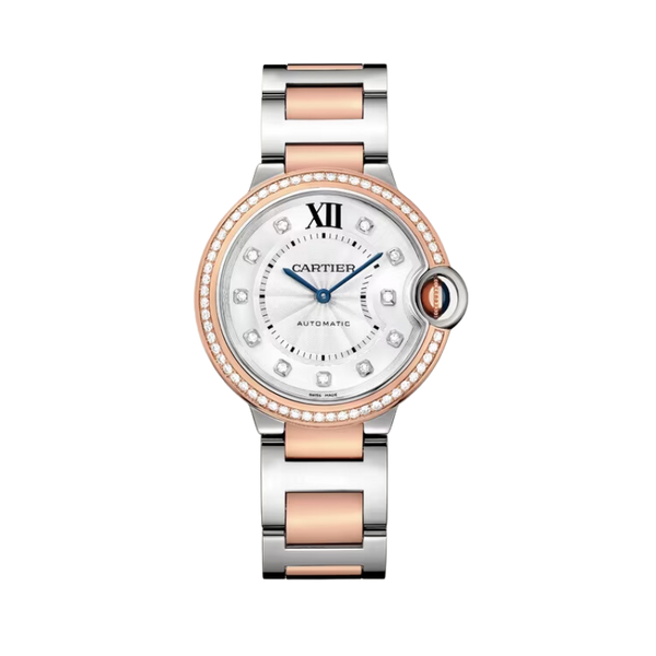 BALLON BLEU DE CARTIER 36 MM STAINLES STEEL, ROSE GOLD BEZEL WITH SILVER GUILLOCHE DIAL