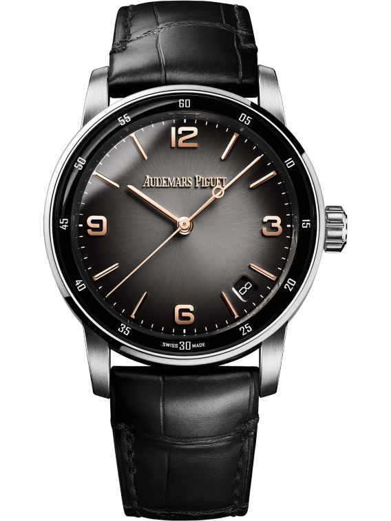 Code 11.59 by Audemars Piguet 41mm Black Alligator Strap Smoked Lacquered Grey Dial White Gold Bezel