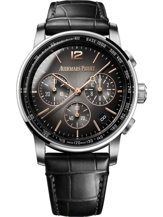 Code 11.59 by Audemars Piguet 41mm Black Alligator Strap Smoked Lacquered Grey Dial With Sunray Pattern Base White Gold Bezel