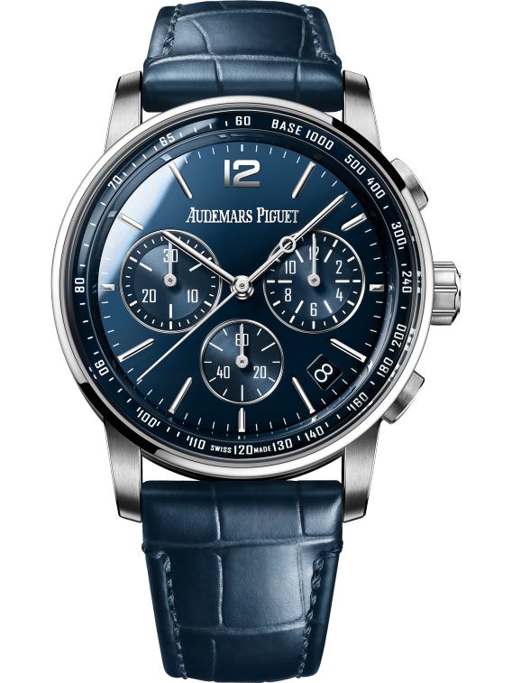Code 11.59 by Audemars Piguet 41mm Blue Alligator Strap Selfwinding Chronograph's Deep Blue Lacquered Dial 18-Carat White Gold Case