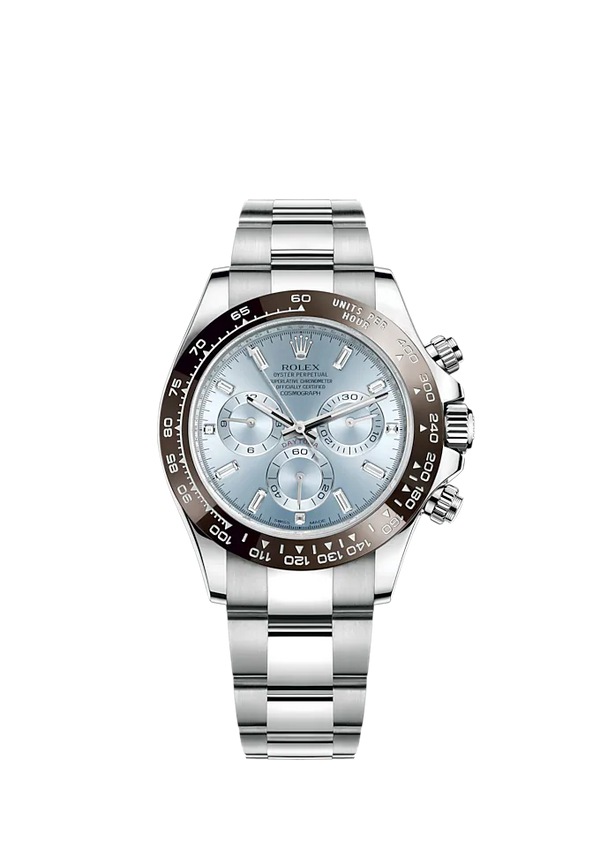 Cosmograph Daytona 40MM Oyster Bracelet Platinum With an Ice-Blue Dial Chestnut Brown Cerachrom Bezel With Tachymetric Scale