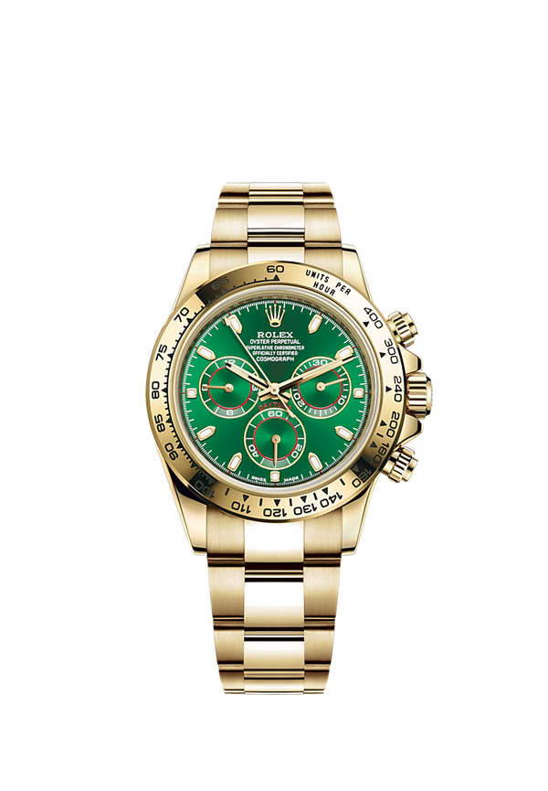 Cosmograph Daytona John Mayer 40MM Oyster Bracelet Bright Green Dial 18 CT Yellow Gold Bezel With Engraved Tachymetric Scale