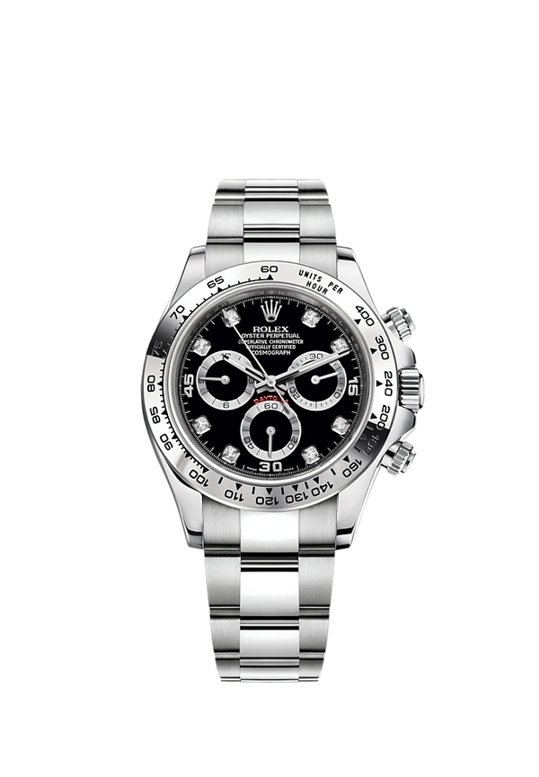 Cosmograph Daytona 40MM Oyster Bracelet Black Diamond-Set Dial 18 CT White Gold Bezel With Engraved Tachymetric Scale