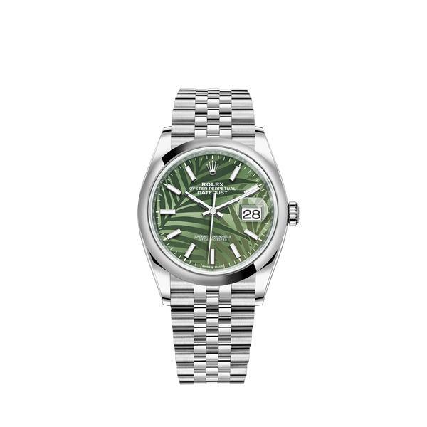 Datejust 36 36mm Oystersteel Jubilee Bracelet and Olive Green with Palm-Motif Dial Domed Bezel