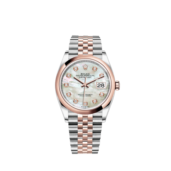 Datejust 36 36mm Oystersteel Jubilee Bracelet and Everose Gold with White Mother-of-Pearl Diamond-Set Dial Domed Bezel