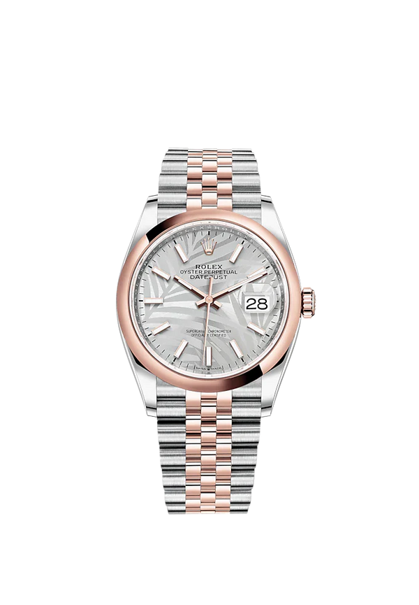 Datejust 36 36mm Oystersteel Jubilee Bracelet and Everose Gold with Silver Palm Motif Dial Silver Fluted Motif Domed Bezel