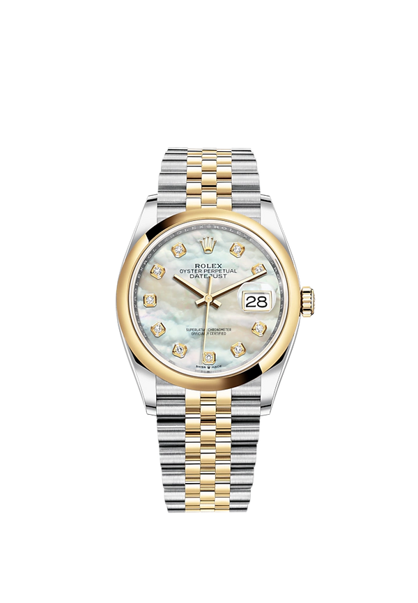 Datejust 36 36mm Oystersteel Jubilee Bracelet and Yellow Gold with White Mother-of-Pearl Diamond-Set Dial Domed Bezel