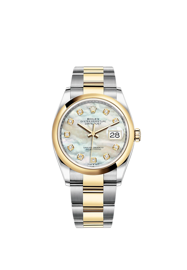 Datejust 36 36mm Oyster Bracelet Oystersteel and Yellow Gold with White Mother-of-Pearl Diamond-Set Dial Domed Bezel