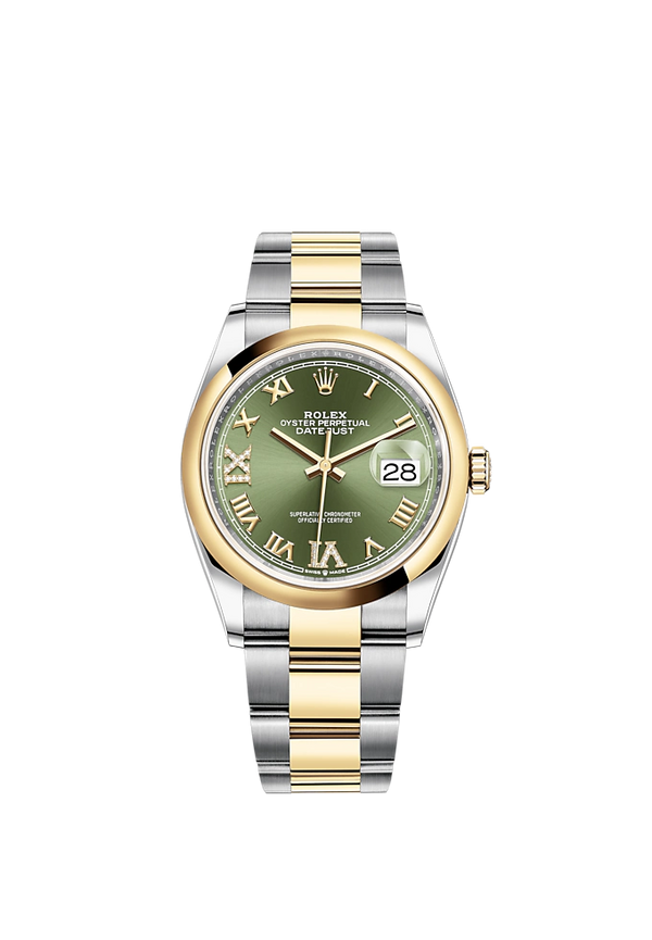 Datejust 36 36mm Oyster Bracelet Oystersteel and Yellow Gold with Olive-Green Diamond-Set Dial Domed Bezel