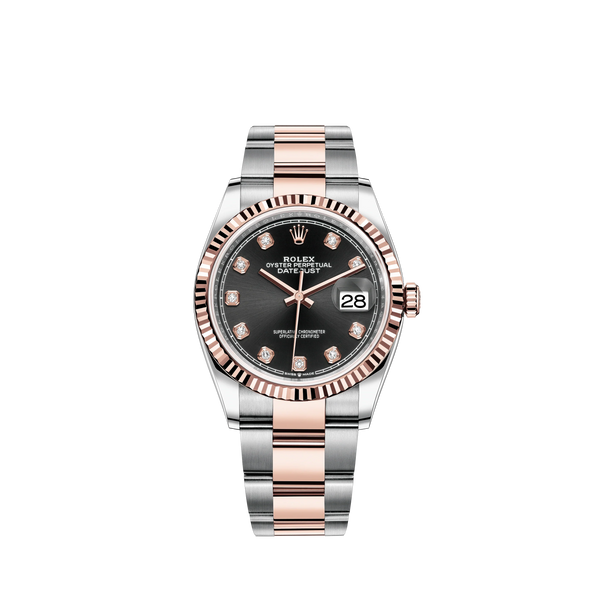 Datejust 36 36mm Oystersteel and Everose Gold Oyster Bracelet Bright Black Diamond-set Dial Fluted Bezel
