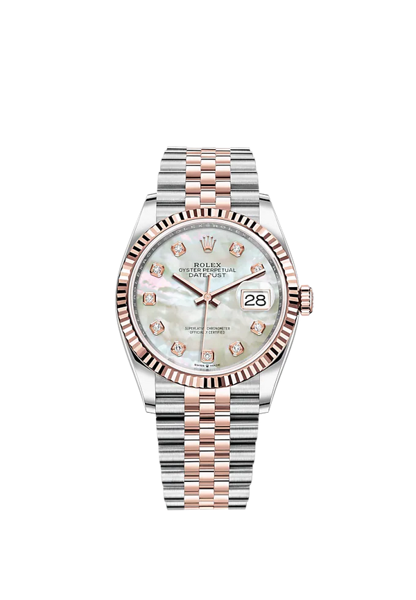 Datejust 36 36mm Oystersteel Jubilee Bracelet and Everose Gold with White Mother-of-Pearl Diamond-Set Dial Fluted Bezel