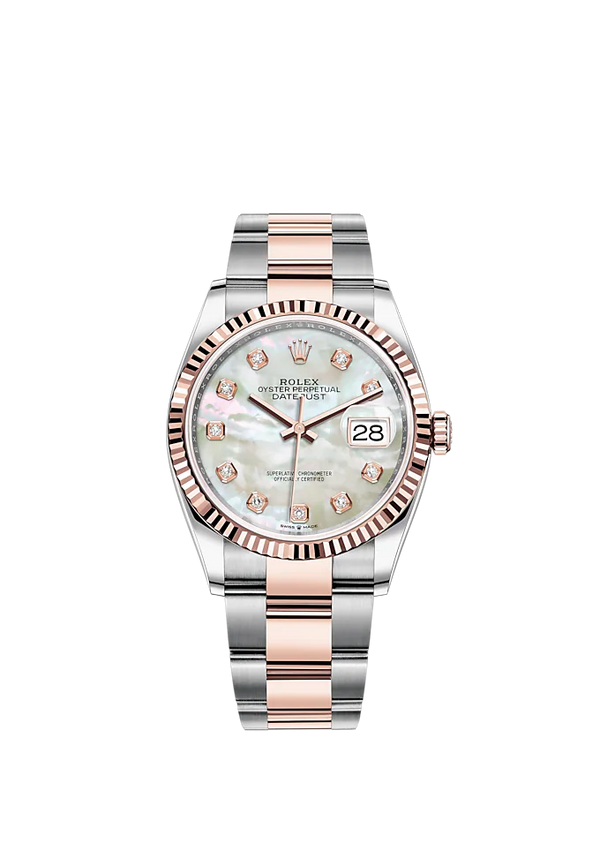 Datejust 36 36mm Oyster Bracelet Oystersteel and Everose Gold with White Mother-of-Pearl Diamond-Set Dial Fluted Bezel